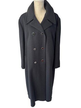 Forstmann Womens Black Wool Double-Breasted Coat Large Lapels Mid-Length Vintage